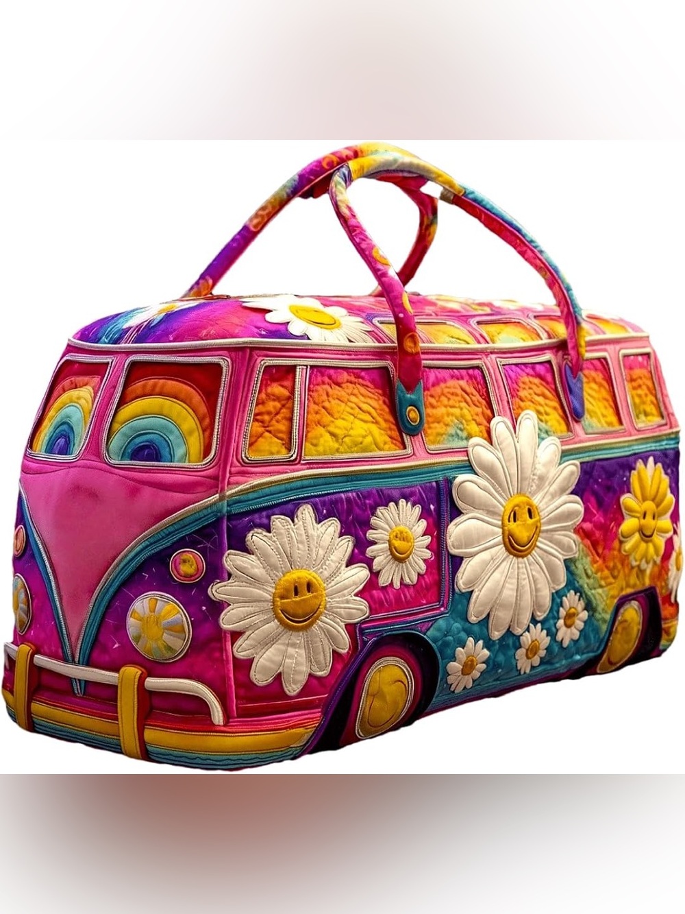 NEW Colorful Flower Smiley Van Quilted Duffel Bag - 16 x 8 x 8